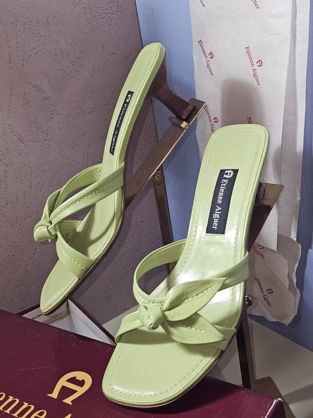 Etienne Aigner Women's Green Knot-Front Heeled Sandals Kitten Heels